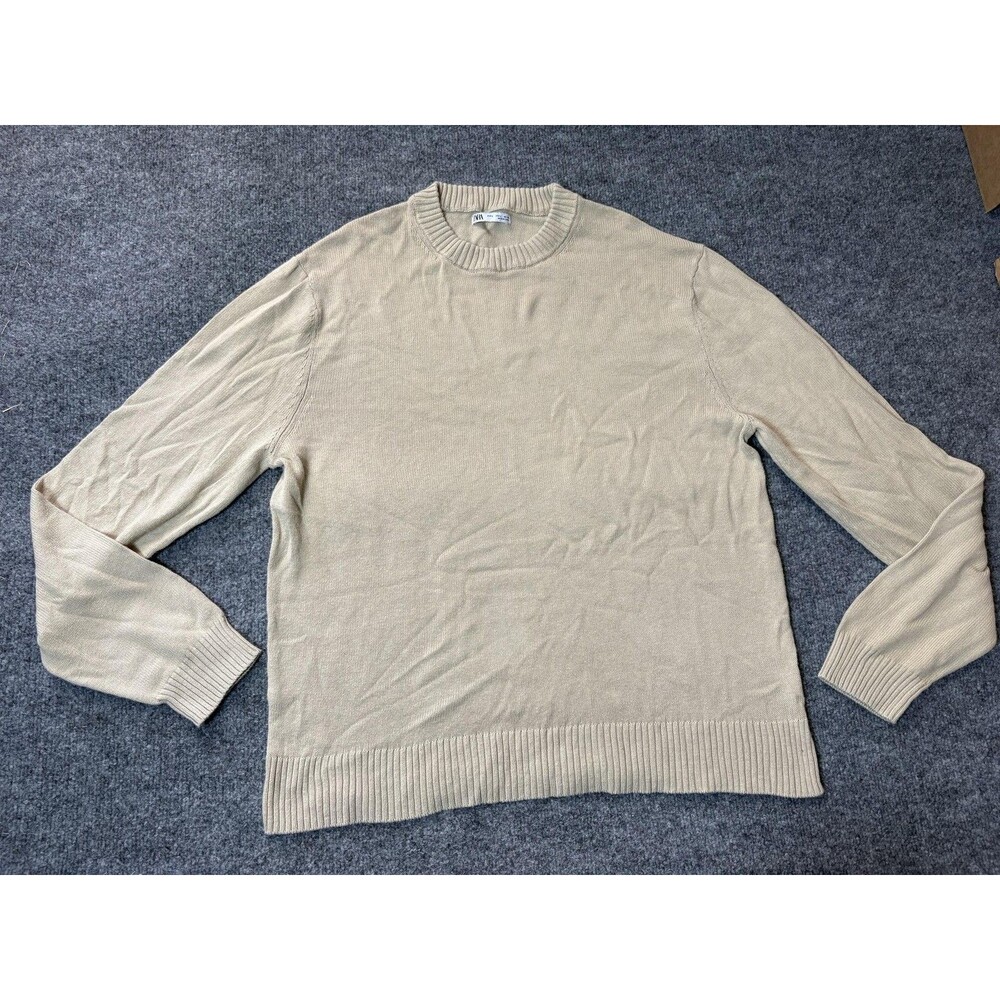 Zara Sweater Mens L Beige Crew Neck Knit Lightweight Long Sleeve Pullover Casual